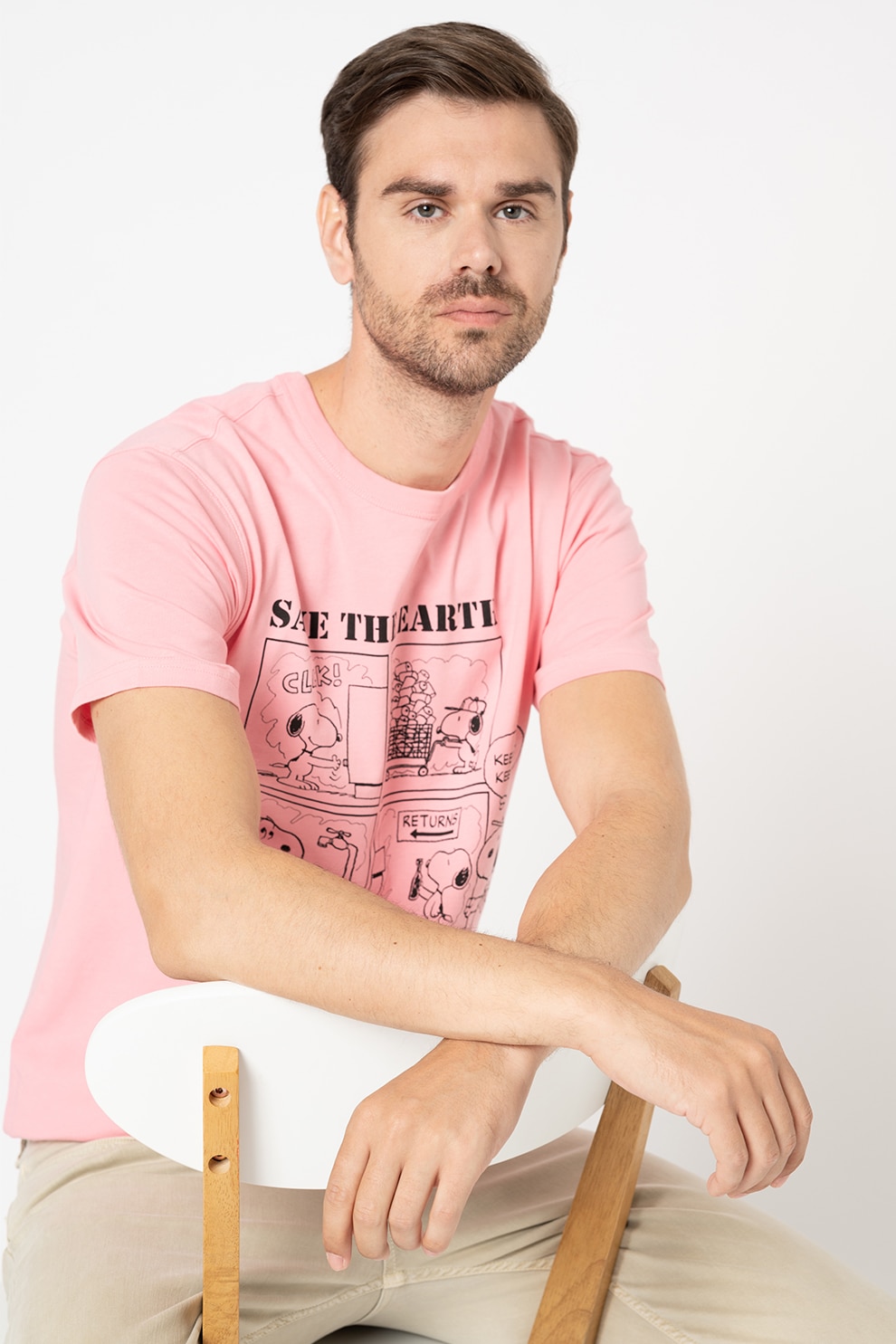 United Colors of Benetton, Tricou cu decolteu la baza gatului si imprimeu cu Snoopy, Roz/Negru