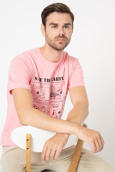 United Colors of Benetton, Tricou cu decolteu la baza gatului si imprimeu cu Snoopy, Roz/Negru United Colors of Benetton, Tricou cu decolteu la baza gatului si imprimeu cu Snoopy, Roz/Negru