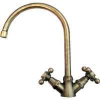 Baterie bucatarie Idrobric Country, pipa inalta, dubla comanda apa calda/rece, auriu antichizat, racorduri flexibile inox 3/8