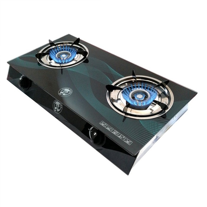 Aragaz camping plita din sticla cu 2 ochiuri, GPL, aprindere piezzo, negru cu model