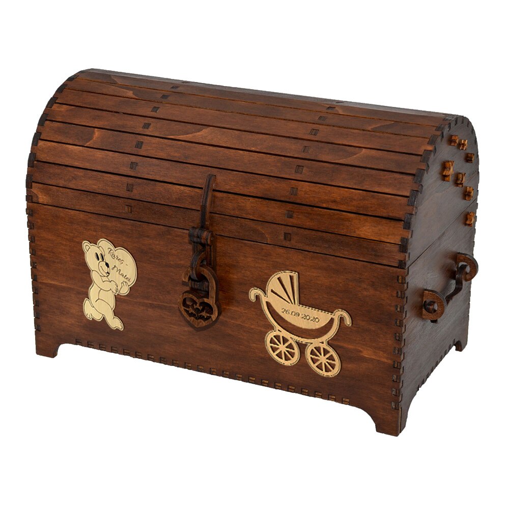 Cufar pentru trusou botez, personalizat, din lemn maro, lucrat manual