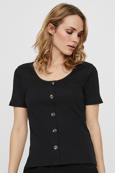 Vero Moda, Tricou cu striatii si nasturi decorativi, Negru Vero Moda, Tricou cu striatii si nasturi decorativi, Negru