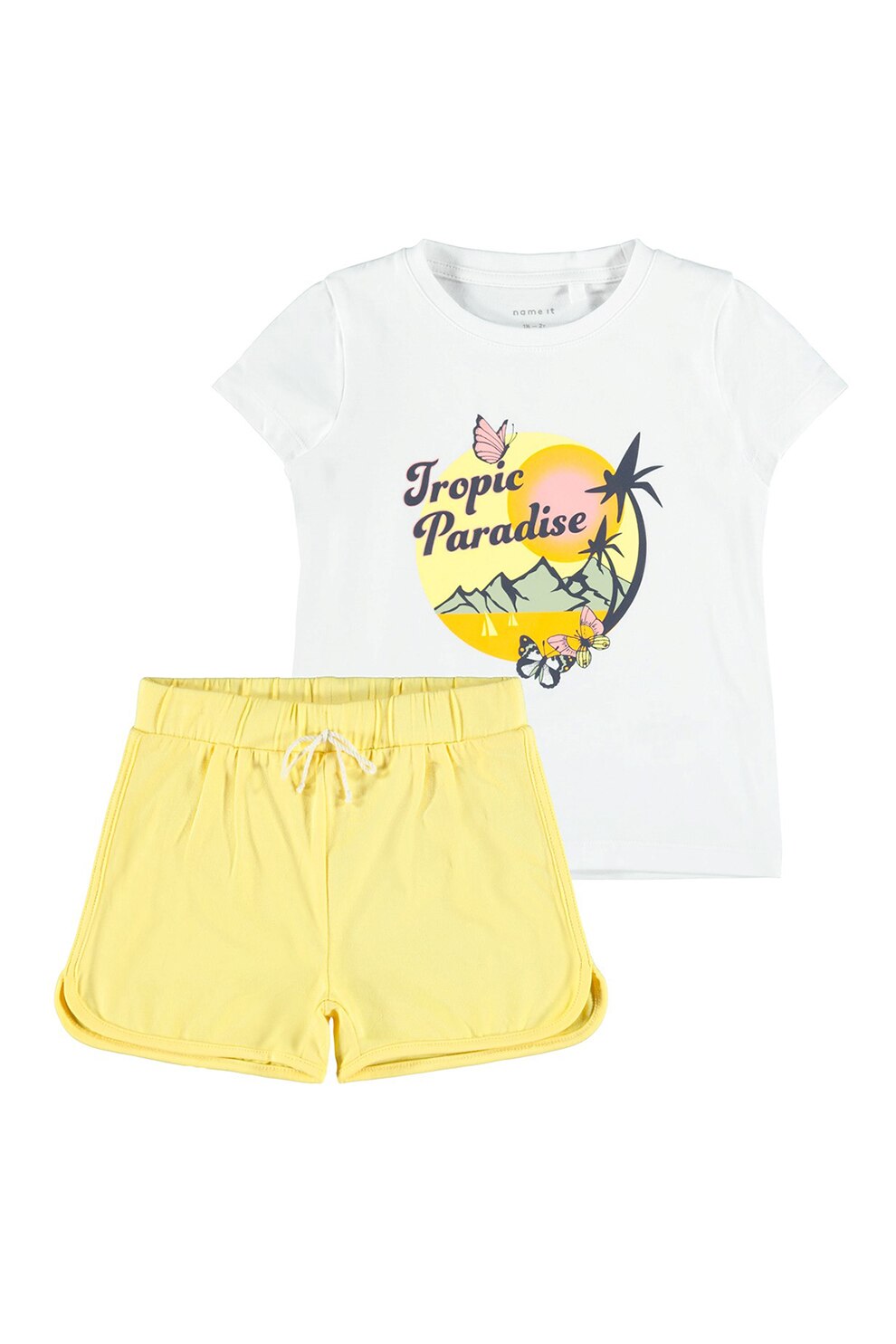 NAME IT, Set de tricou si pantaloni scurti din amestec de bumbac organic, cu imprimeu, Galben/Alb