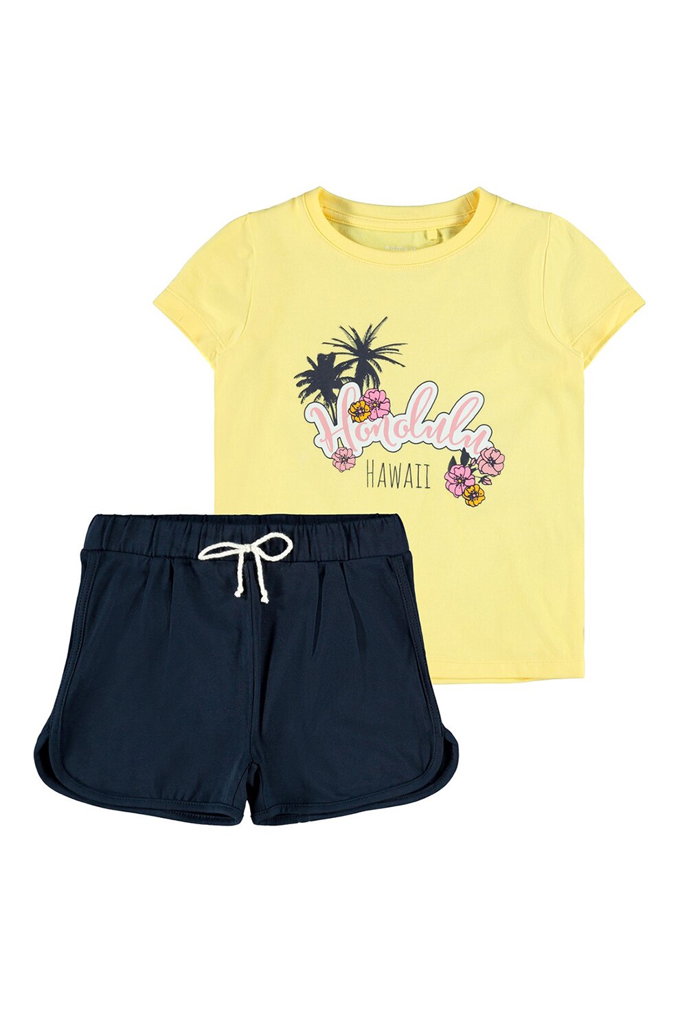 NAME IT, Set de tricou si pantaloni scurti din amestec de bumbac organic, cu imprimeu, Galben/Bleumarin