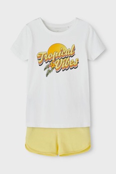 NAME IT, Set de tricou si pantaloni scurti cu snur in talie, 2 piese, Galben/Alb NAME IT, Set de tricou si pantaloni scurti cu snur in talie, 2 piese, Galben/Alb