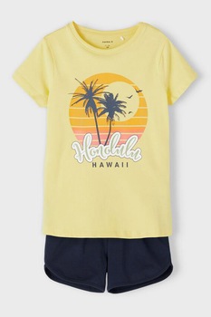 NAME IT, Set de tricou si pantaloni scurti cu snur in talie, 2 piese, Galben/Bleumarin NAME IT, Set de tricou si pantaloni scurti cu snur in talie, 2 piese, Galben/Bleumarin