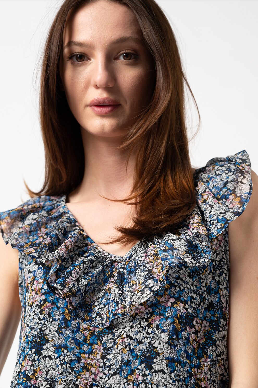 JdY, Bluza cu imprimeu floral, fara maneci Larisa, Negru/albastru royal/alb