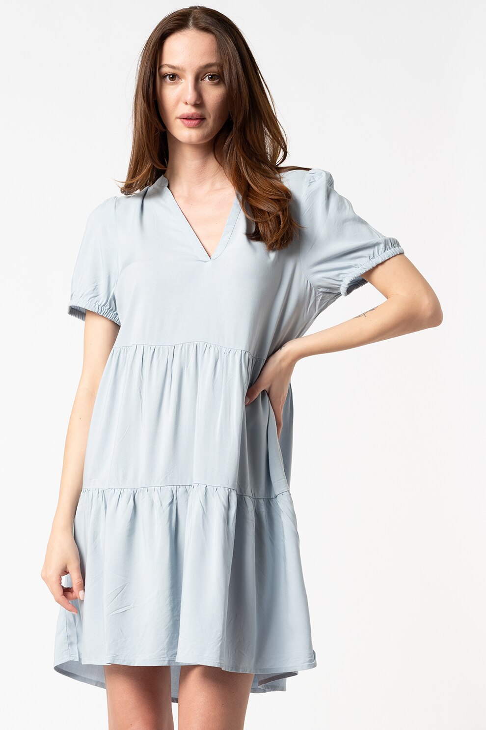Only, Rochie mini cu decupaj in V, Albastru deschis