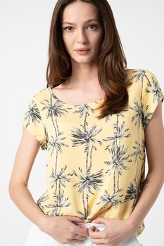 Only, Bluza vaporoasa cu maneci scurte si model floral Nova, Galben pai/Gri cenusa/Negru, XS Only, Bluza vaporoasa cu maneci scurte si model floral Nova, Galben pai/Gri cenusa/Negru, XS