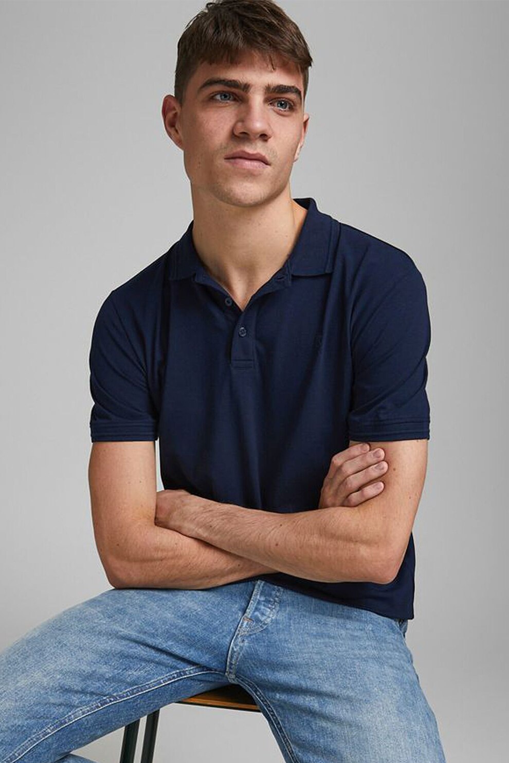Jack&Jones, Tricou polo din amestec de bumbac organic, Bleumarin, S