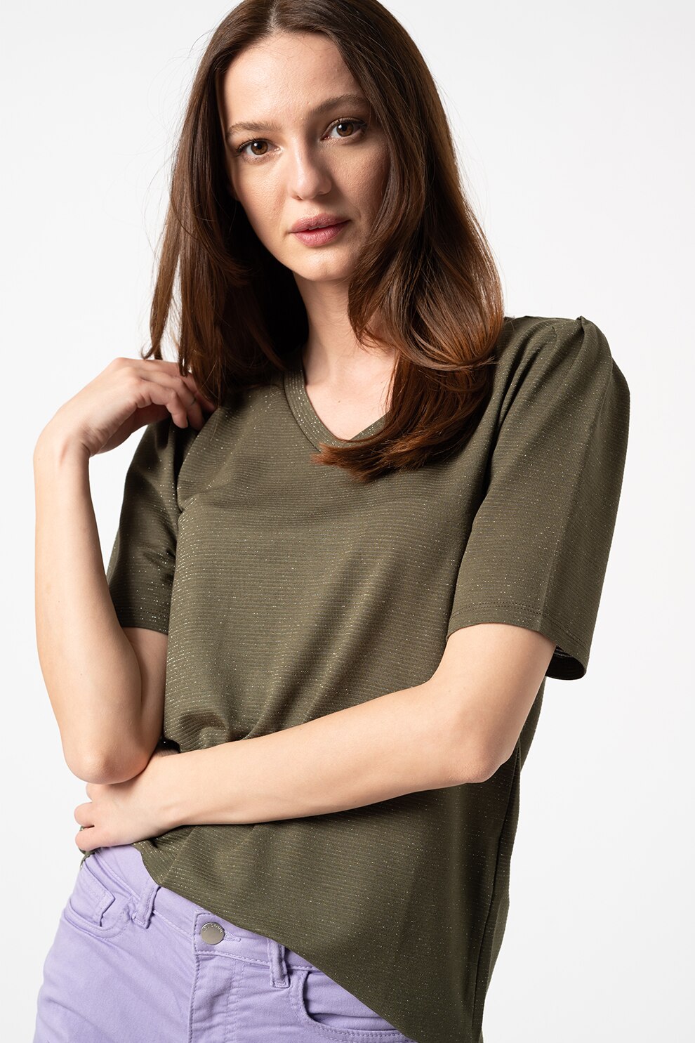 JdY, Tricou cu decolteu in V Runa, Verde militar/Argintiu