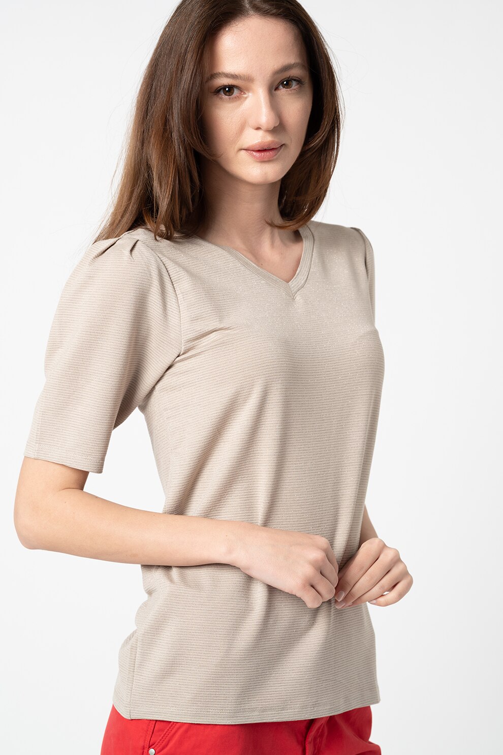 JdY, Tricou cu decolteu in V Runa, Maro taupe deschis/Argintiu