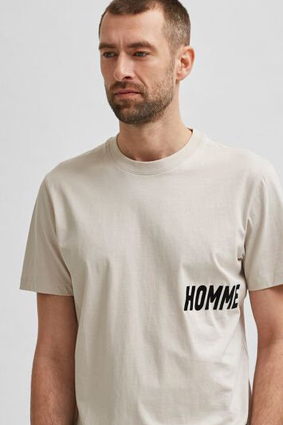 Selected Homme, Tricou cu decolteu la baza gatului si imprimeu text Drill, Maro nisip
