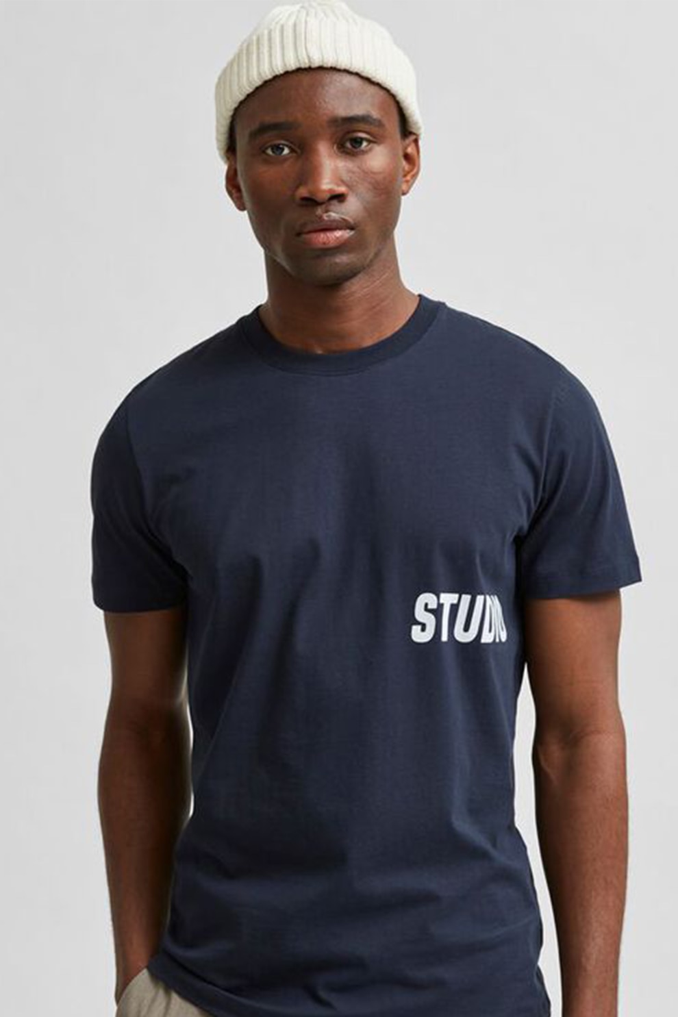 Selected Homme, Tricou cu decolteu la baza gatului si imprimeu text Drill, Bleumarin