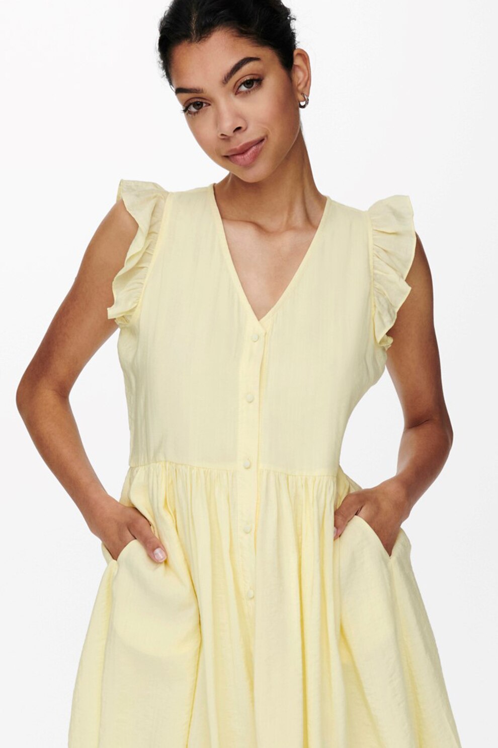 Only, Rochie evazata cu decolteu in V, galben pal