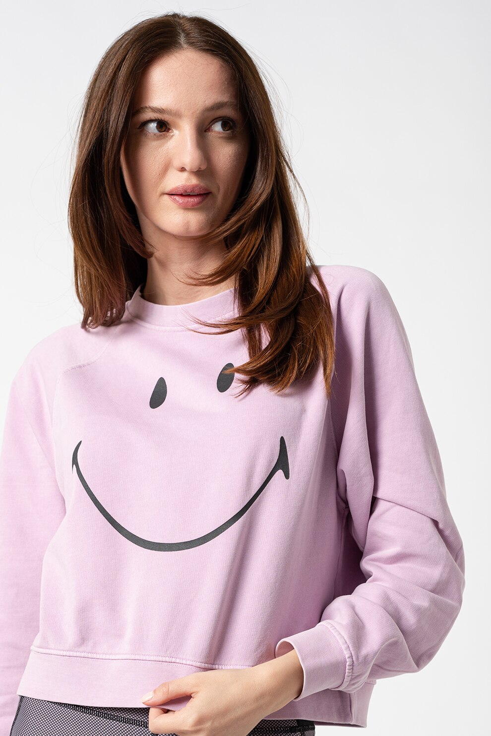 Only, Bluza sport crop cu maneci raglan Smiley, Lila/Negru