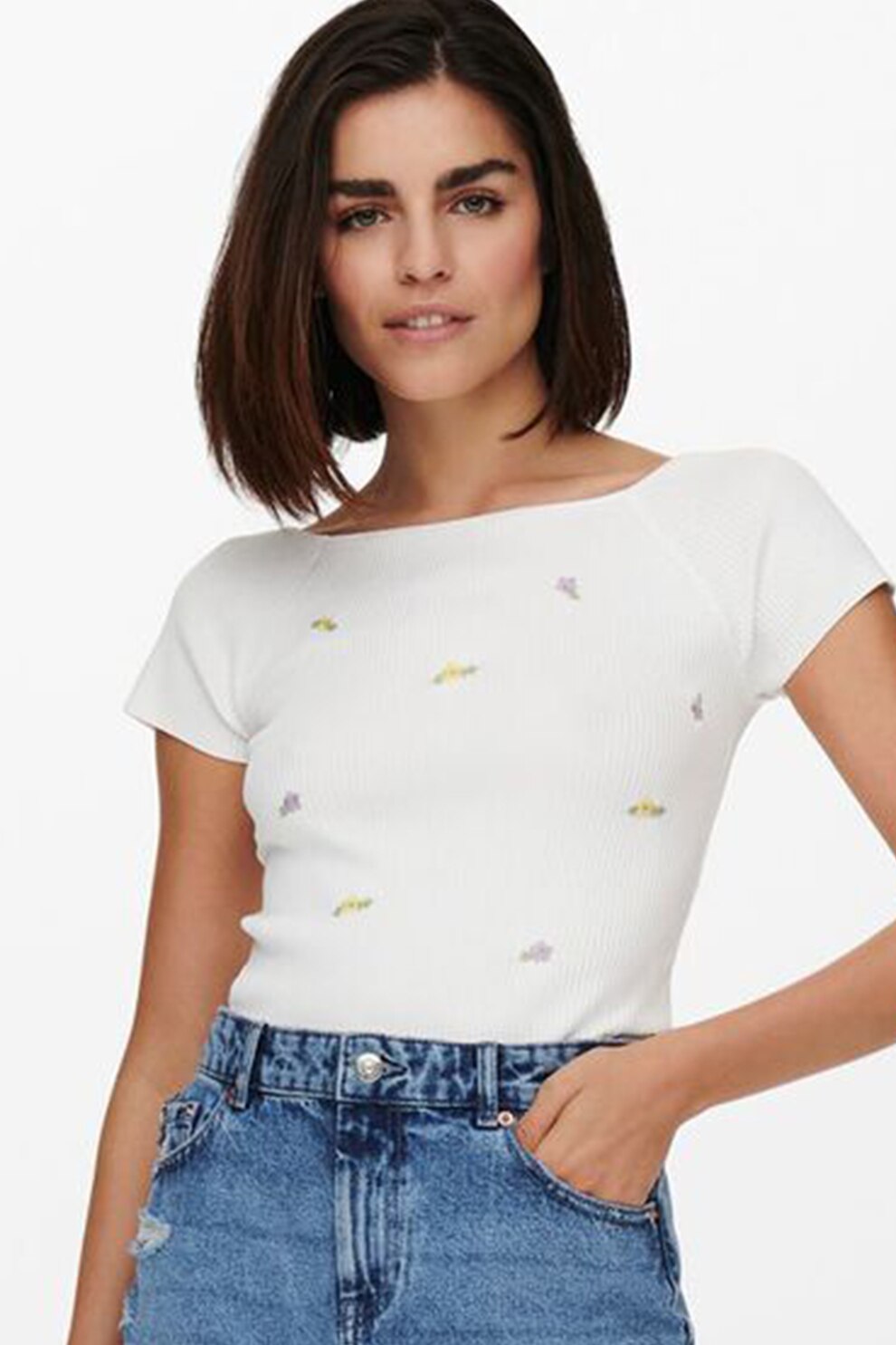 Only, Tricou striat cu detalii brodate, Alb
