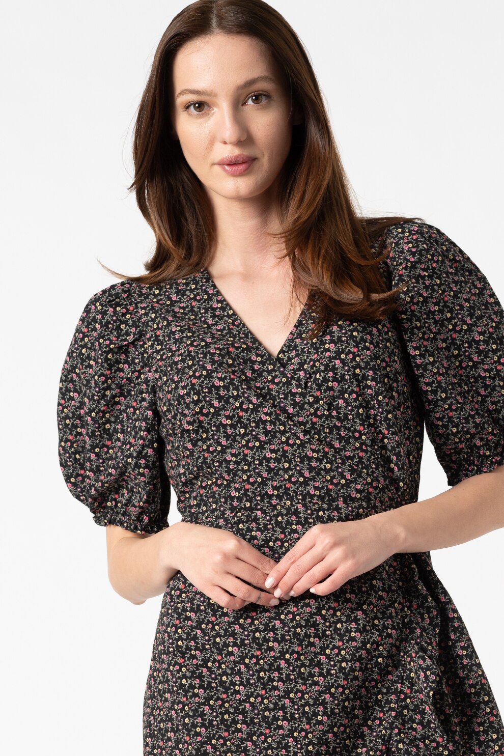 Vero Moda, Rochie petrecuta cu maneci bufante si imprimeu Belina, Negru/Roz/Verde militar