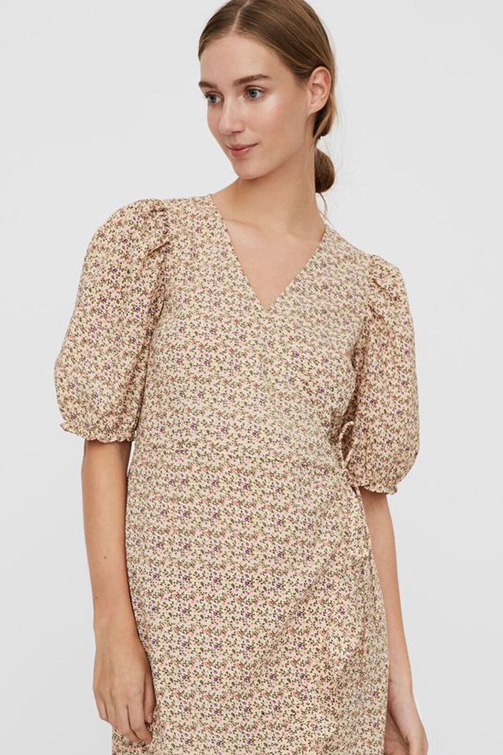 Vero Moda, Rochie petrecuta cu maneci bufante si imprimeu Belina, Maro camel