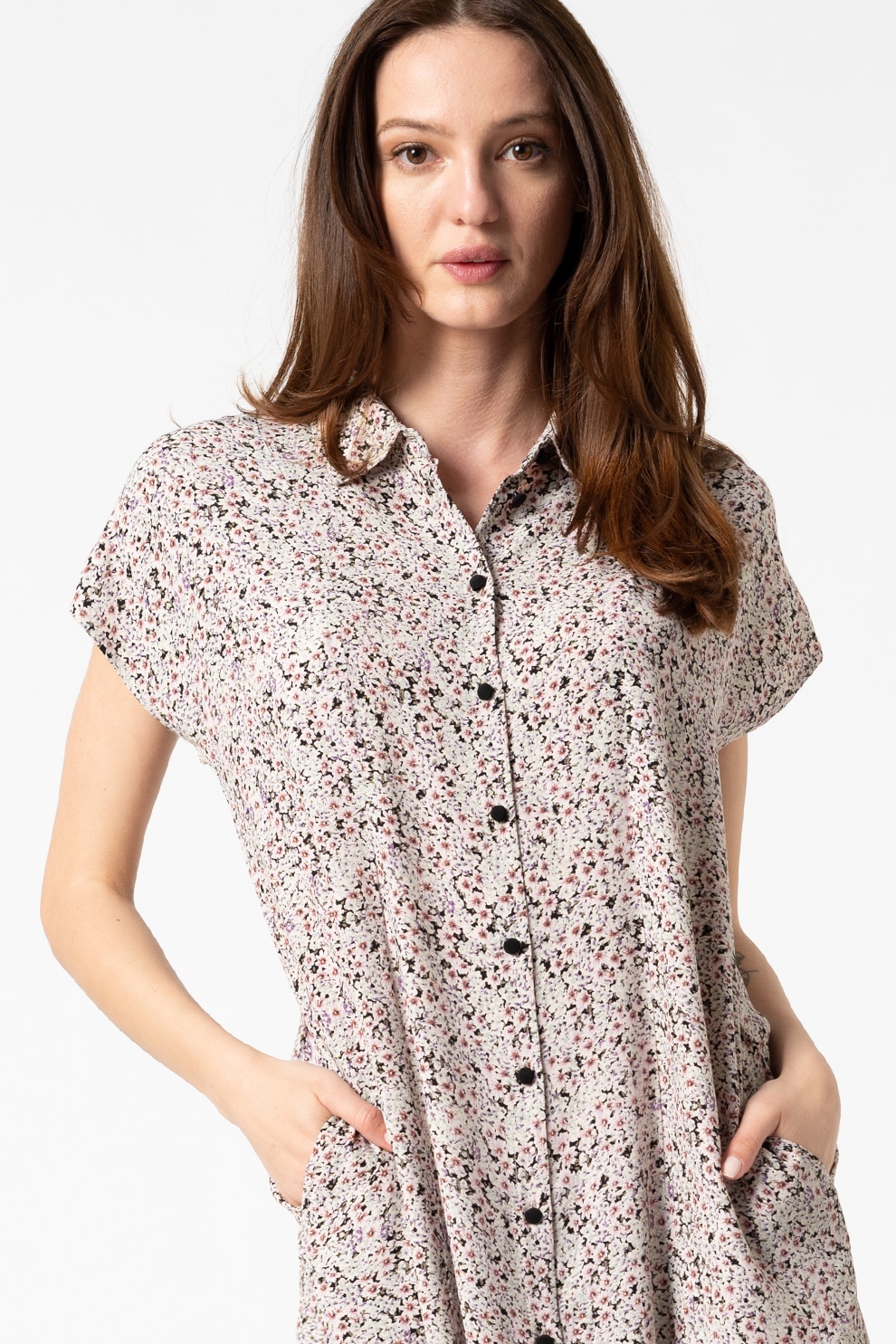 Vero Moda, Rochie-camasa cu imprimeu Hollo, Negru/Verde pal/Roz pal