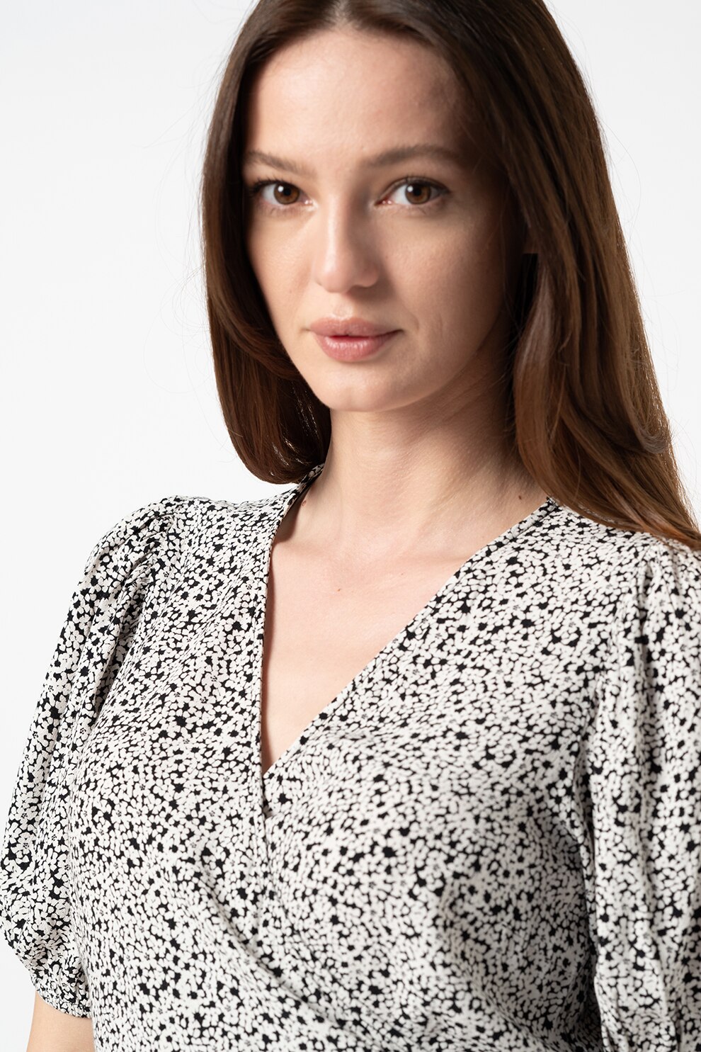 Vero Moda, Bluza cu maneci bufante si imprimeu Henna, Negru/Alb