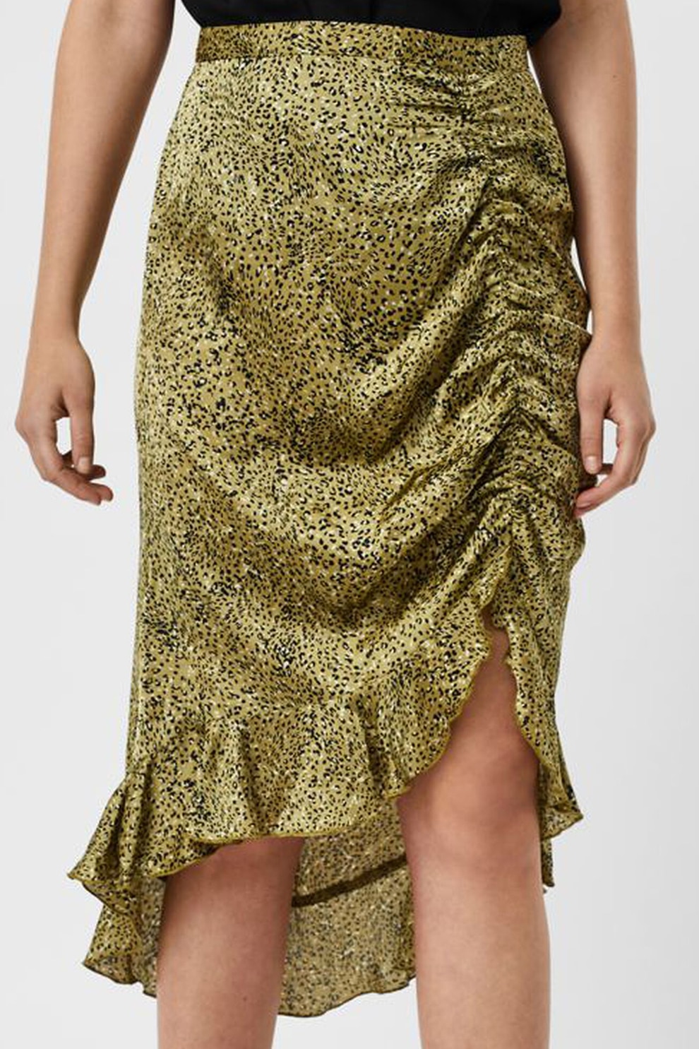 Vero Moda, Fusta cu animal print si detaliu plisat, Verde sparanghel