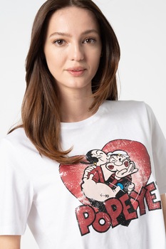 JdY, Tricou crop cu tematica Popeye Donna, Alb optic/Violet pruna/Roz piersica JdY, Tricou crop cu tematica Popeye Donna, Alb optic/Violet pruna/Roz piersica