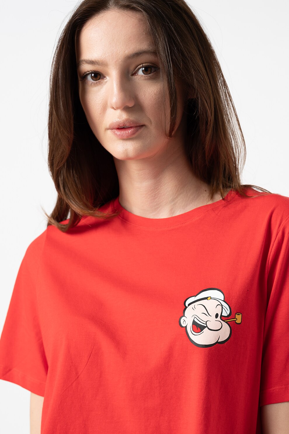 JdY, Tricou crop cu tematica Popeye Donna, Rosu/Roz piersica/ Alb