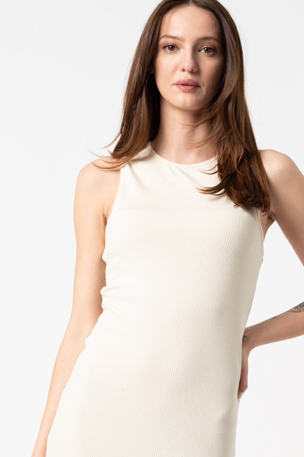 Vero Moda, Rochie din amestec de lyocell cu striatii Erica, Alb prafuit