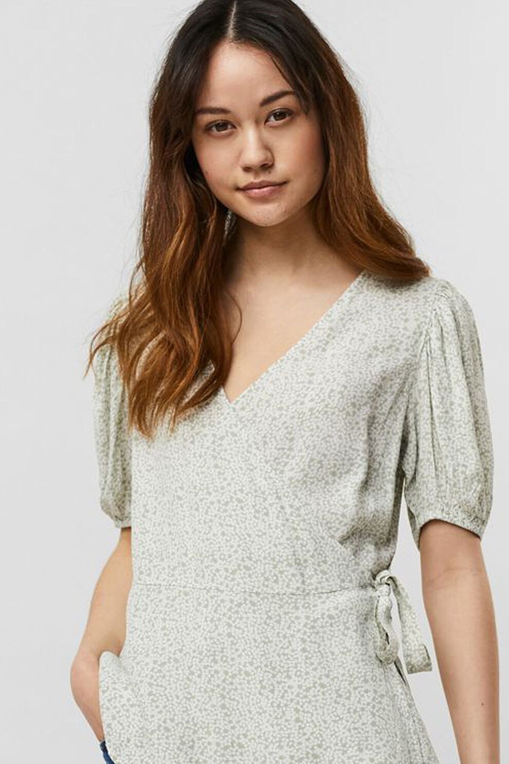 Vero Moda, Bluza cu maneci bufante si imprimeu Henna, Verde pal