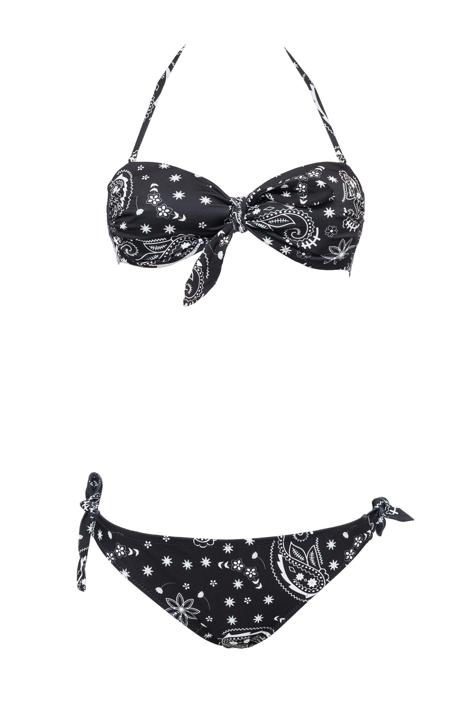 Costum de baie din doua piese, tip bustiera si chilot care se leaga in parti, Lux Intimamoda, Negru/Alb