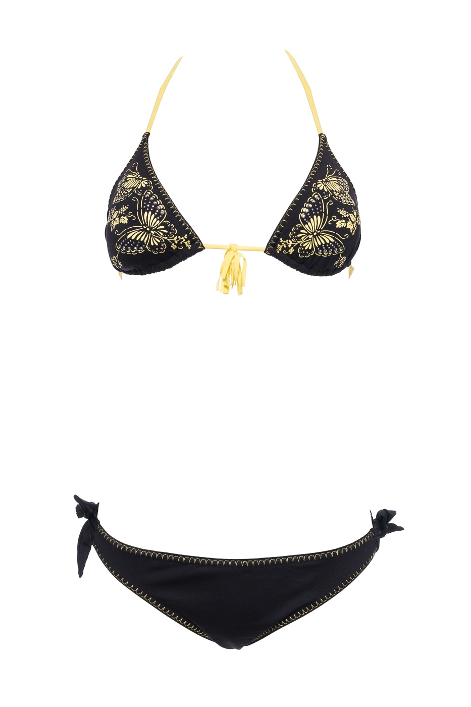Costum de baie din doua piese, tip triunghi, chilot brazilian, Lux, Intimamoda, FF20, Negru/Galben