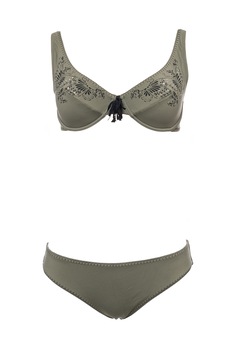 Costum de baie din doua piese, sutien fara burete si chilot intreg lat, Intimamoda, FF23,, Kaki/Negru Costum de baie din doua piese, sutien fara burete si chilot intreg lat, Intimamoda, FF23,, Kaki/Negru