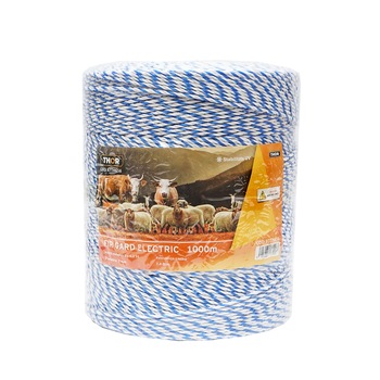 Rola fir alb-albastru fi 3mm insertie metalica 3x0.2mm SS, rezistenta 7.8 Ohm/m, 1000m gard electric Thor Rola fir alb-albastru fi 3mm insertie metalica 3x0.2mm SS, rezistenta 7.8 Ohm/m, 1000m gard electric Thor