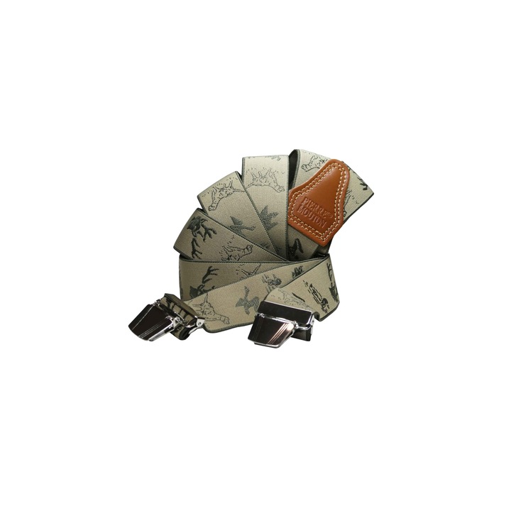 Bretele barbati Pierre Mouton, Piele naturala de vaca si metal, Imprimeu animale, 120 cm, Bej/Maro