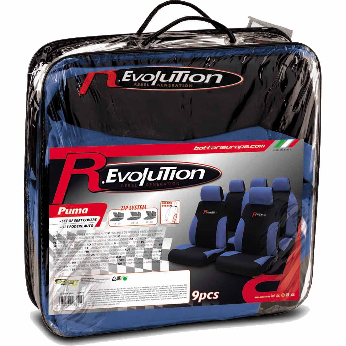 Huse auto Revolution Puma, 9 piese, negru/albastru