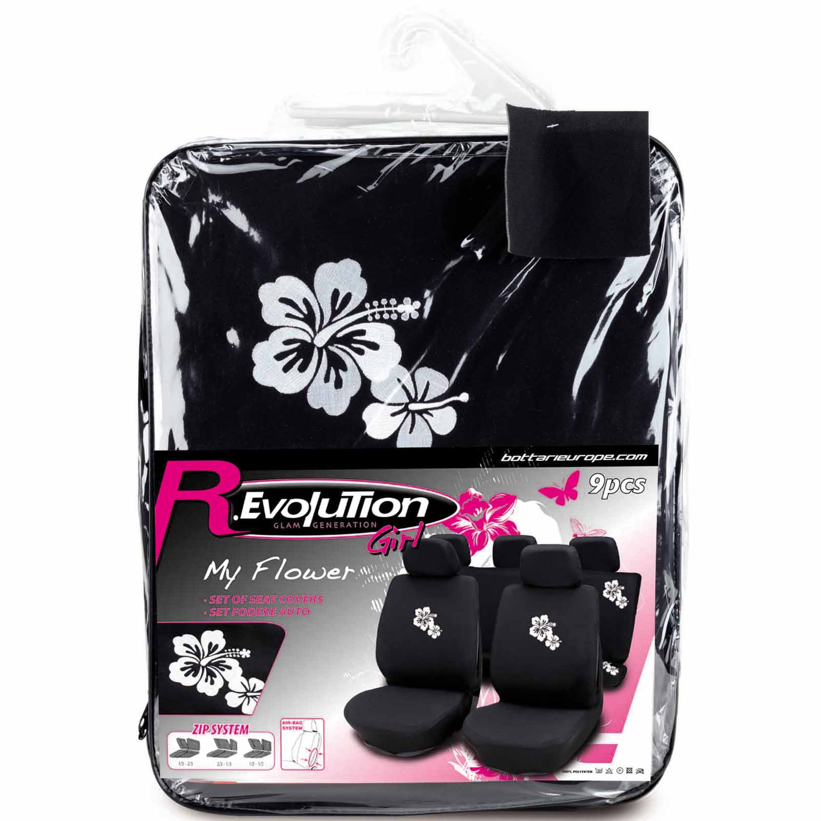 Huse auto Revolution My Flower, 9 piese, negru/alb