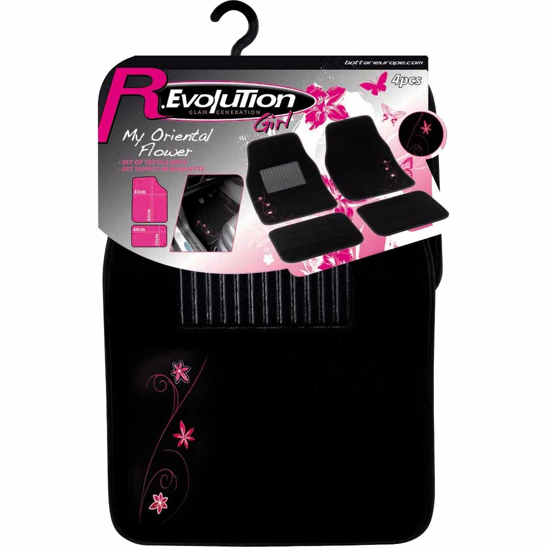 Set covorase textil Revolution My Oriental Flower, 4 bucati, negru/roz