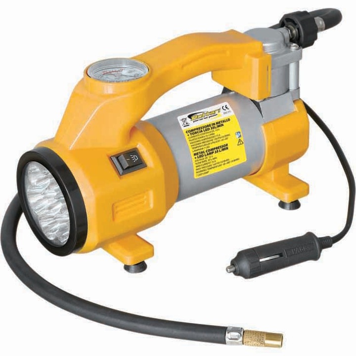 Compresor metalic cu lampa Bottari AIR-35, 3 adaptoare, 12V, 15A, 150PSI, 35L/min,7 leduri