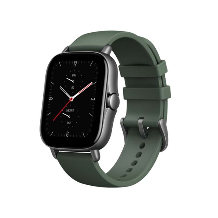 Смарт часовник Amazfit GTS IMK 2e, Силиконова каишка, Зелен, AMOLED екран, 1.65 инча, Bluetooth 5.0, WLAN 2.4 GHz, GPS, 246 mAh батерия, 14-дневна автономност, Вграден микрофон, Водоустойчив