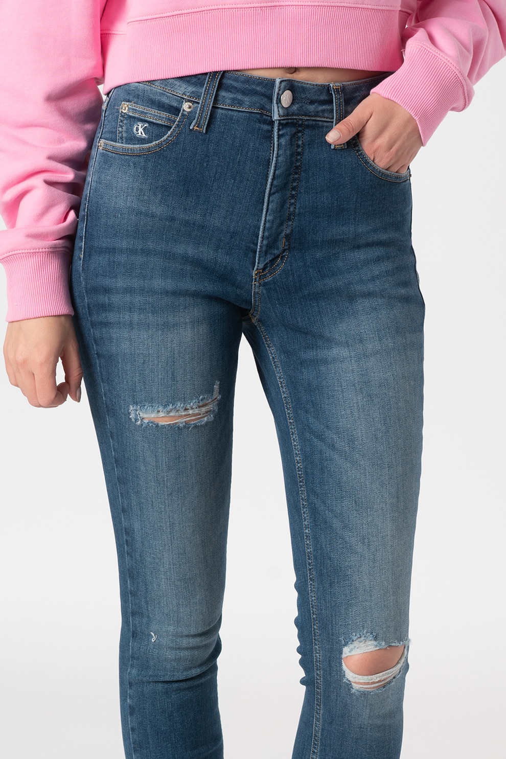 CALVIN KLEIN JEANS, Blugi super skinny cu talie inalta, Albastru, 27