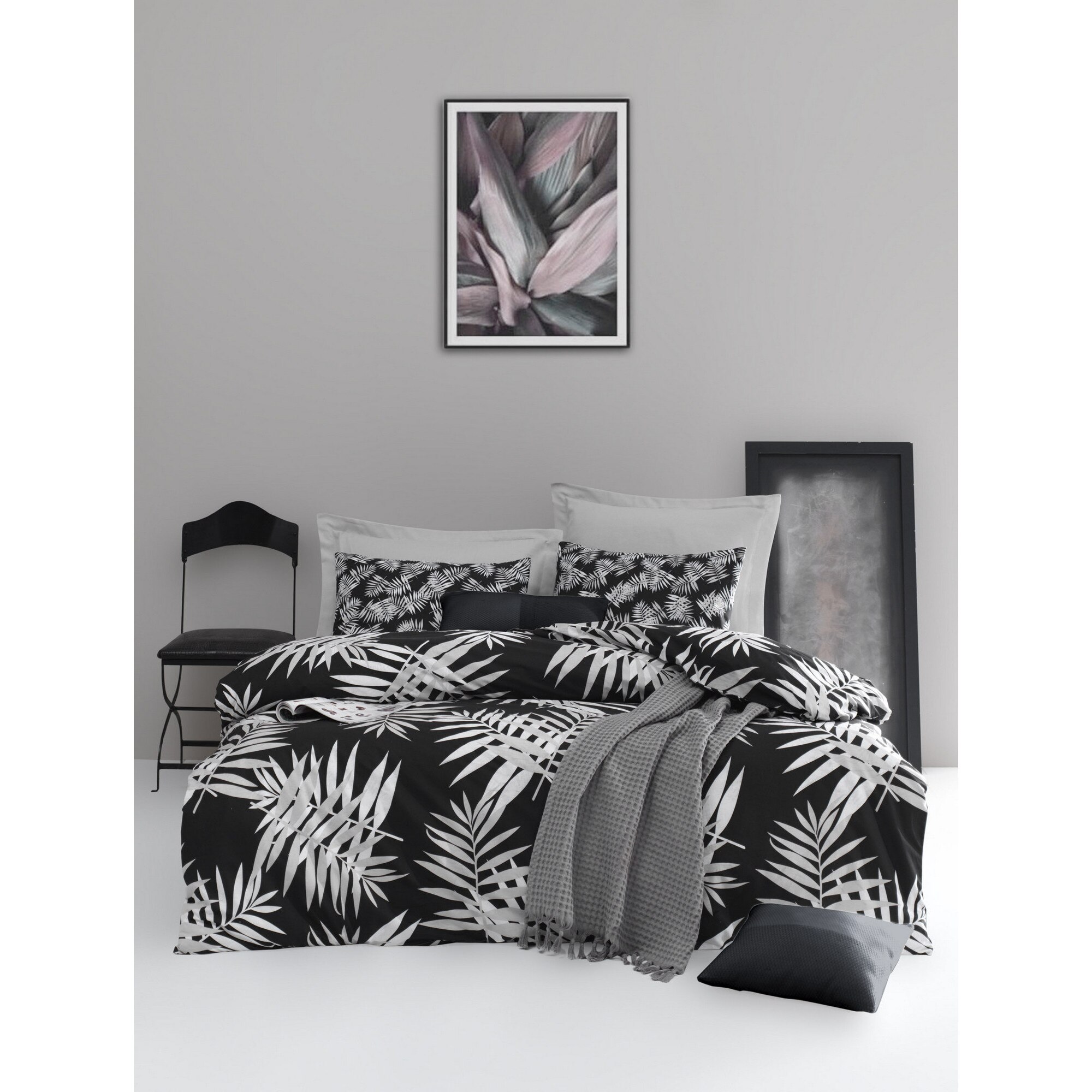 Lenjerie de pat dublu bumbac 100% ranforce, 4 piese, Enlora Home, Palmiye Negru