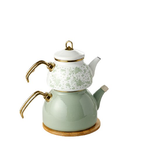 Ceainic emailat DEco,2 piese, 1,1 L + 2,3 L ,alb/verde