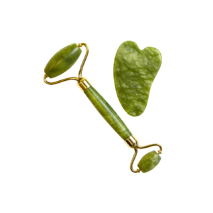Rola din Jad si Gua Sha, pentru masaj facial si corporal, Bell™ verde