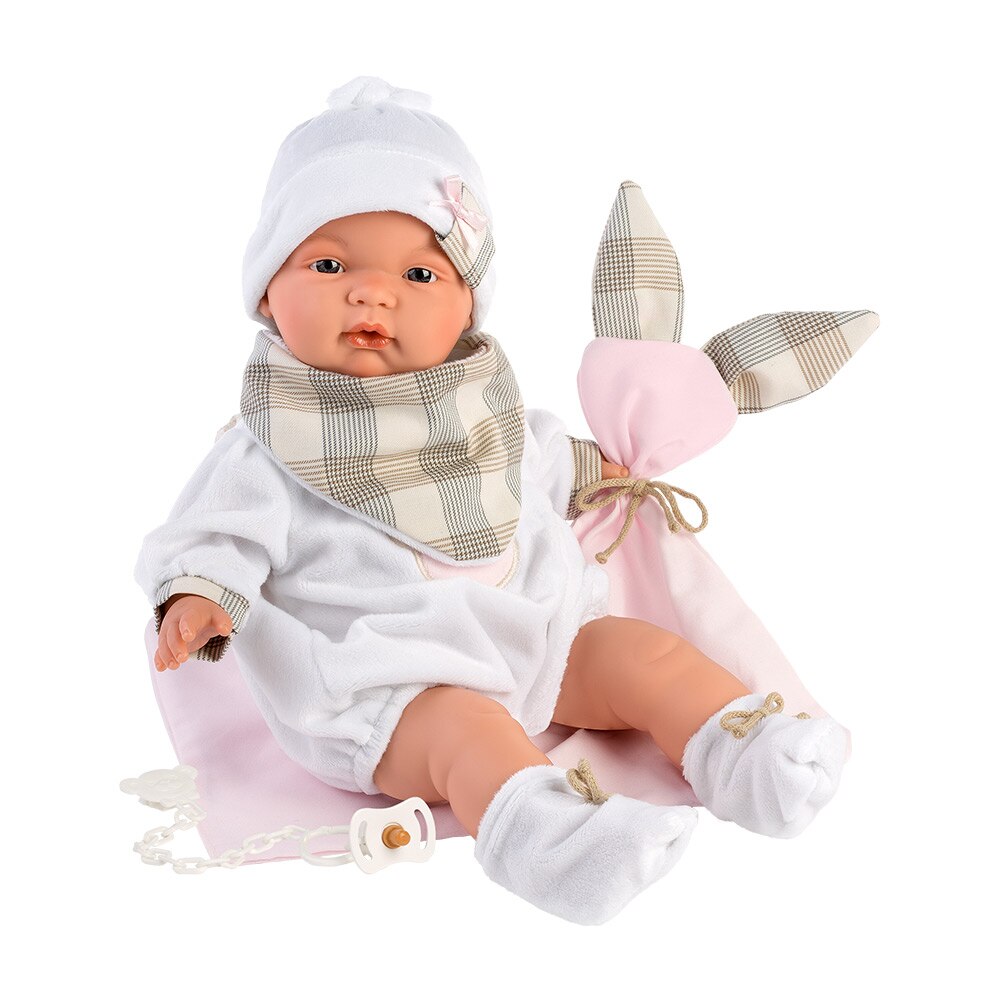 Papusa Llorens, Joelle cu paturica iepuras roz, cu sunete, 38 cm