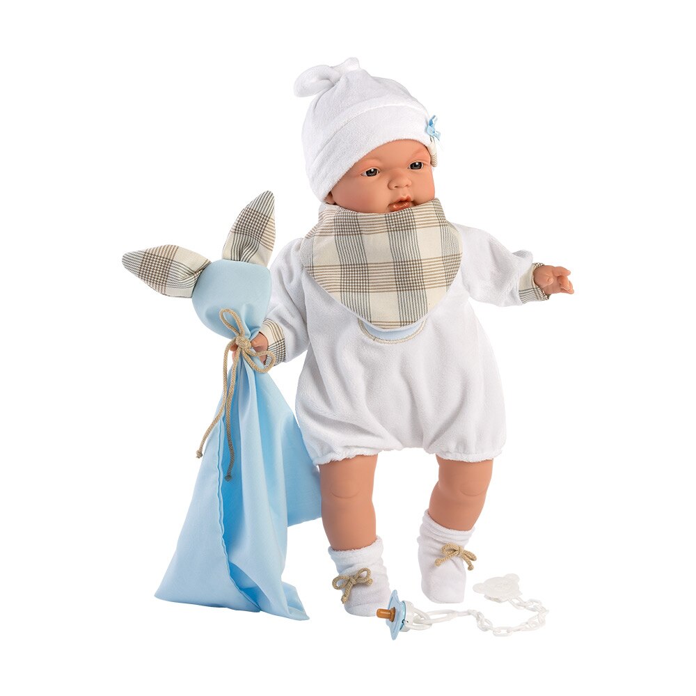 Papusa Llorens, Joel cu paturica iepuras albasta, cu sunete, 38 cm