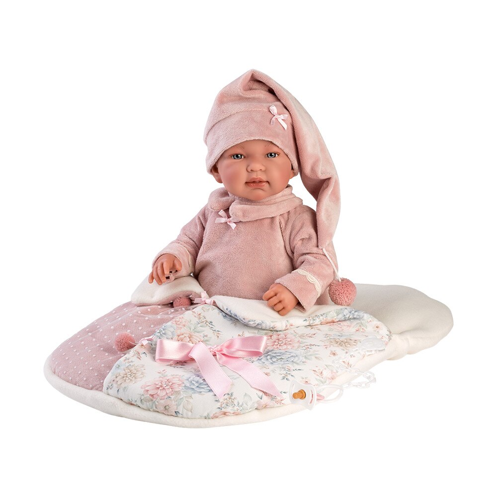 Papusa Llorens, Tina cu saculet de dormit colorat, cu sunete, 44 cm
