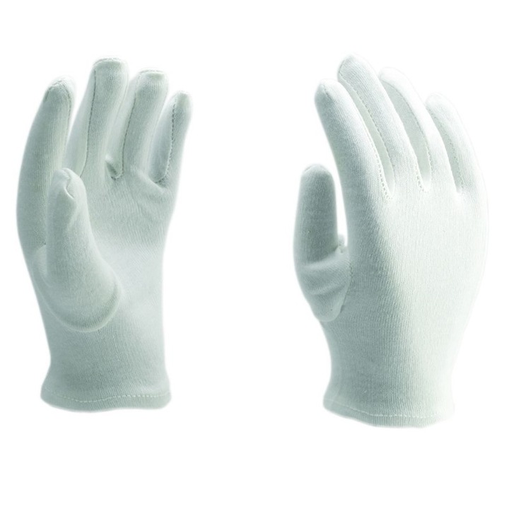 Set 12 manusi de protectie confectionate Interlock, albe, 100% bumbac, marimea 7/S