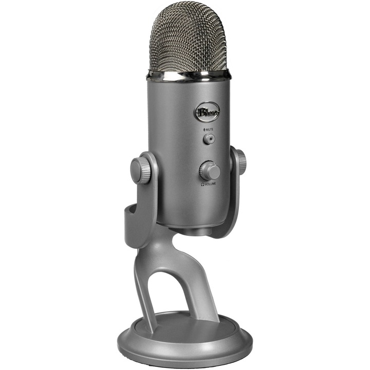 Microfon Profesional Blue Yeti USB, PC & Mac, Gaming, Podcast, Streaming, Recording, Multi-Pattern, Silver