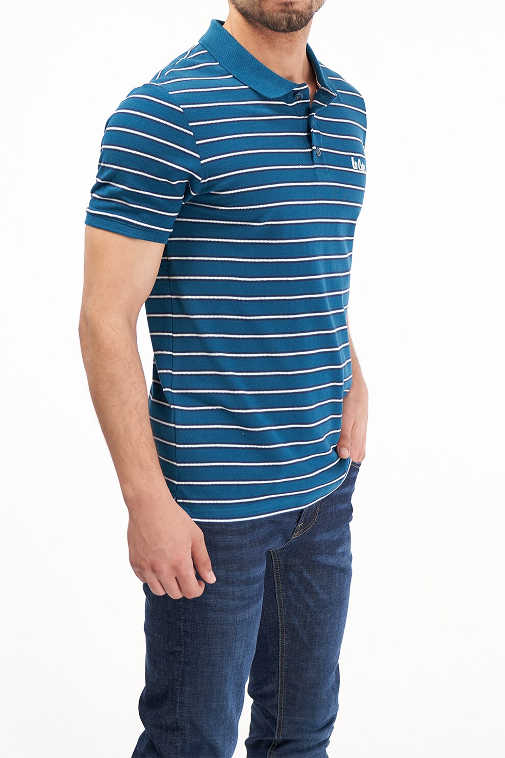 Lee Cooper, Tricou polo de bumbac cu dungi, Albastru petrol/Alb